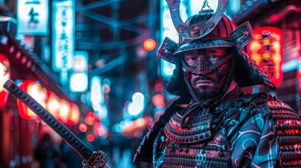 Samurai, dressed in armor, holding a shining sword in his hands against the background of a Japanese cityscape