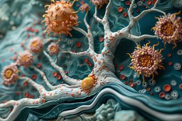 Microscopic depiction of a blood clot in the making, with platelets and fibrin artistically illustrated as sculptors at work - obrazy, fototapety, plakaty