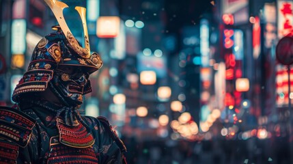 Japanese samurai, in full armor, standing against the backdrop of a noisy night market in a modern Japanese metropolis - obrazy, fototapety, plakaty