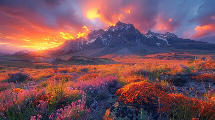 A landscape photograph of a mountain range at sunset, captured with a wide-angle lens - obrazy, fototapety, plakaty