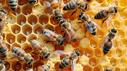 A group of bees are flying around a honeycomb. The bees are busy and focused on their task