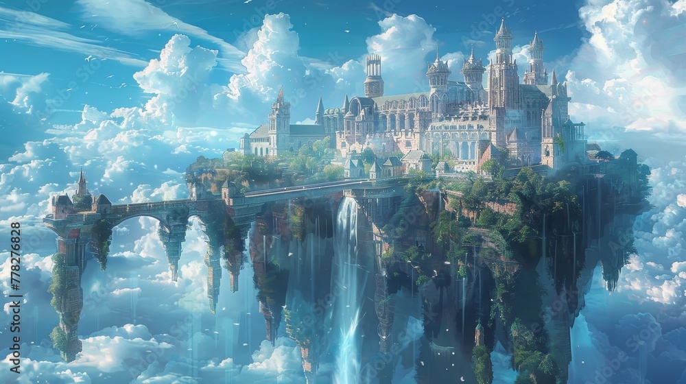 Aufkleber a castle is floating in the sky with a waterfall below it. the castle is surrounded by trees and has