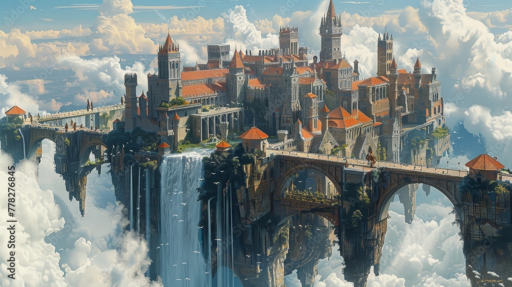 Aufkleber a castle is floating in the sky with a waterfall below it. the castle is surrounded by a bridge and 