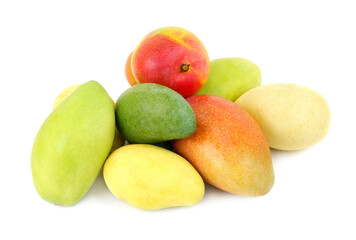Many different ripe mango fruits isolated on white background.