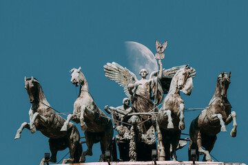 Rome, Italy. Great Bronze Quadriga On Summit Of Palace Of Justice. - obrazy, fototapety, plakaty