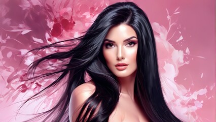   Digital painting of a stunning woman with lengthy black tresses adorned by flowers, against a pink backdrop