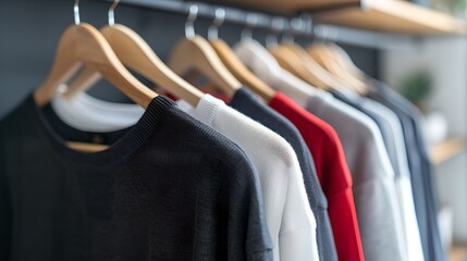 Obraz premium Casual T-Shirts on Wooden Hangers Displayed in a Store. Modern Clothing Retail Concept. Focus on Textile Quality and Style Diversity. AI