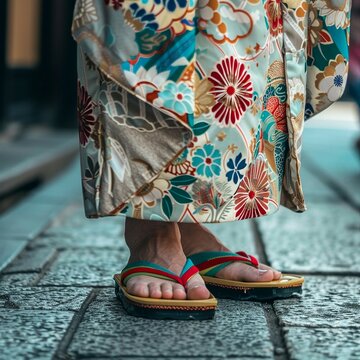 Japanese woman feet in kimono in sandals