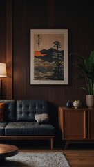 A modern home exuding Japanese interior aesthetics, with a mid-century sofa resting near a wooden cabinet set against a dark backdrop adorned with a striking poster and frame.