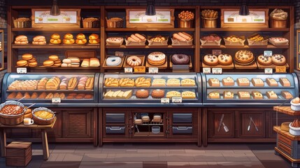 A bakery with a variety of pastries and breads on display. Scene is warm and inviting, with the pastries arranged in an appealing manner - obrazy, fototapety, plakaty