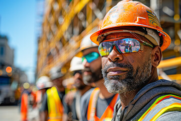 A black construction worker man in safety gear, including hard hats and reflective vests with his crew with backdrop of a partially constructed building and a clear blue sky, copy space.