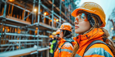 A young construction worker woman in safety gear, including hard hats and reflective vests with her crew with backdrop of a partially constructed building and a clear blue sky, copy space