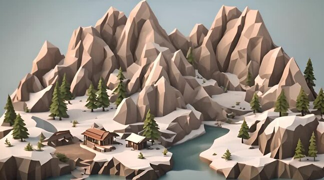An Isometric Exploration of a Mountain Range with Dramatic Lighting and Deep Valleys