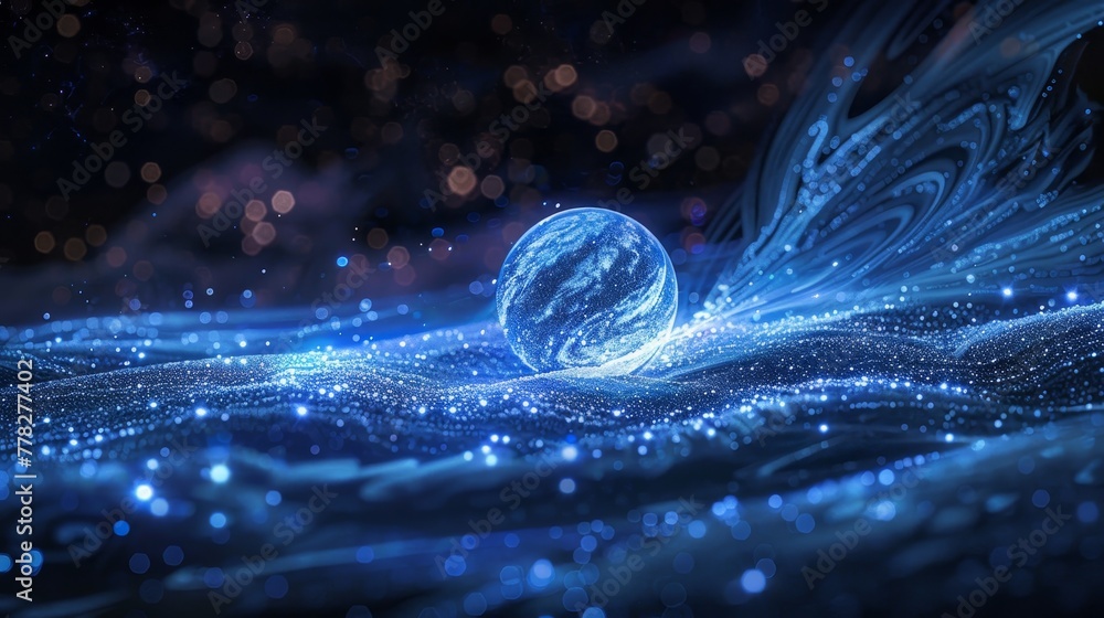 Poster a blue planet with a large sphere floating on it. the sphere is surrounded by a blue and white swirl