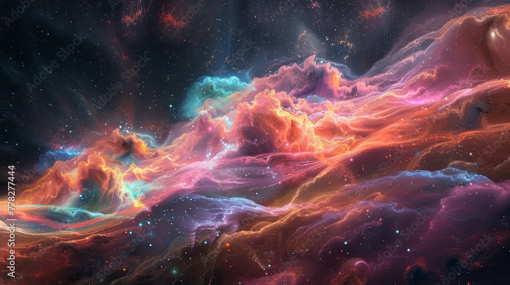 Poster a colorful space with many clouds and stars. the colors are bright and vibrant, creating a sense of 