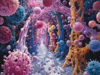 Vibrant internal bazaar scene depicting white blood cells exchanging antibodies and defense tools in a bodily corridor - obrazy, fototapety, plakaty