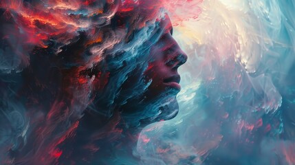 A colorful, abstract painting of a face with a blue and red background. The painting is full of energy and movement, with the face appearing to be in motion - obrazy, fototapety, plakaty