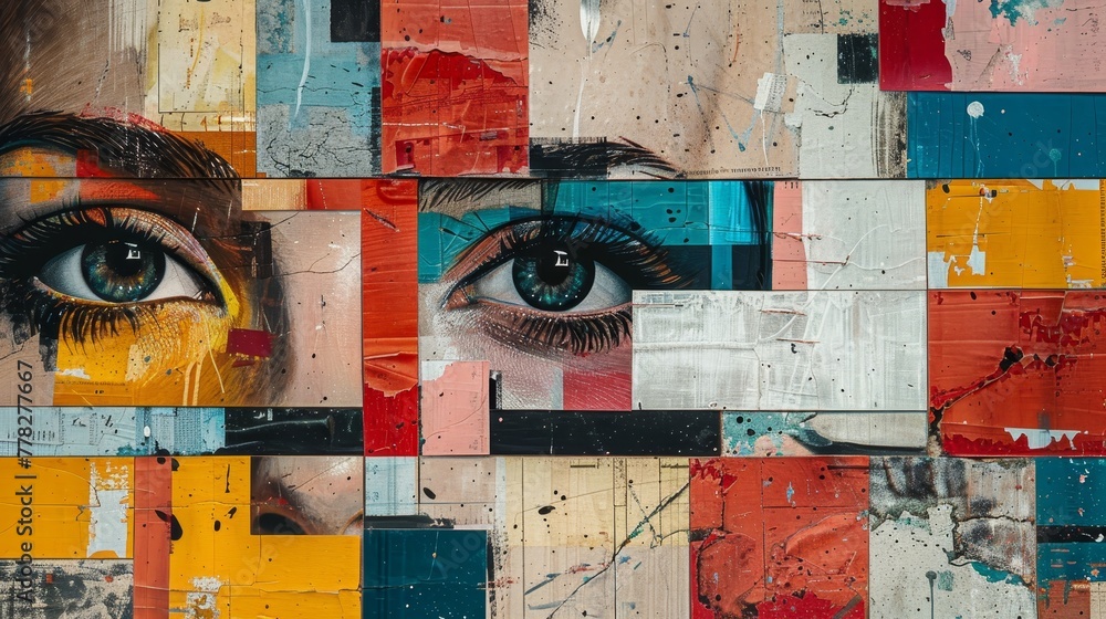 Poster a colorful collage of two eyes with a blue iris. the eyes are surrounded by a variety of colors and 