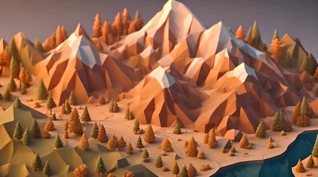 A Low Poly Mountain Range is Bathed in the Light of a Rising Sun