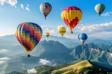 many colorful balloons fly over the mountains on blue sky background.