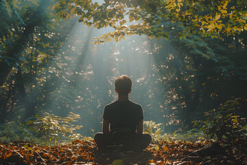 A person practices mindful breathing under a canopy of leaves, feeling the earth's energy and a connection to nature for world mental health day.