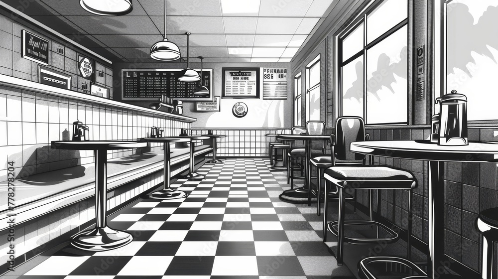 Poster a black and white drawing of a diner with a checkered floor. the diner has a counter with a clock on