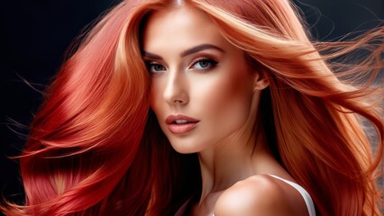 Fototapeta premium A woman with long, red hair gazes into the camera, her locks billowing in the wind, as she wears a white tank top