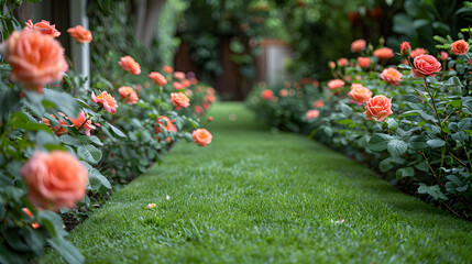 Beautiful Landscape Design with a Shrub Rose on a Green Lawn for Gardening and Landscaping