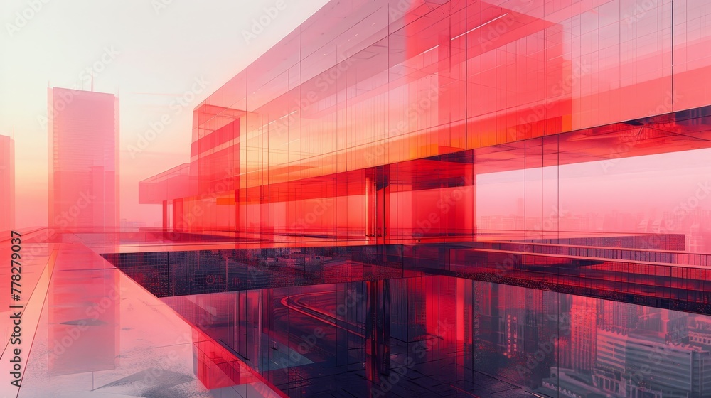 Poster a cityscape with a red building in the middle. the building is surrounded by glass and has a reflect
