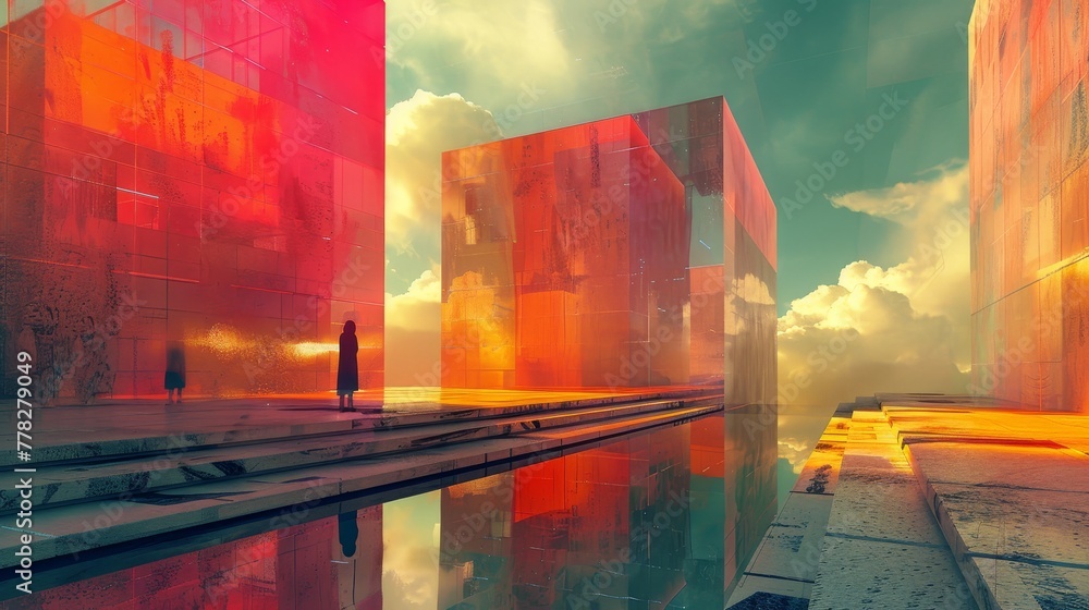 Poster a woman stands in front of a building with a red cube in the background. the scene is set in a futur