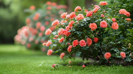 Beautiful Landscape Design with a Shrub Rose on a Green Lawn for Gardening and Landscaping