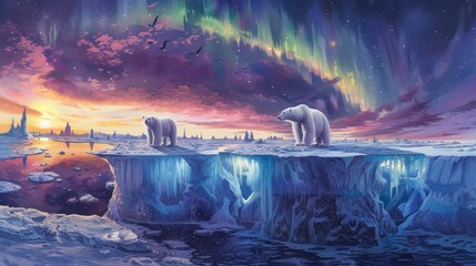 Two polar bears standing on a frozen lake. The sky is filled with auroras and the sun is setting