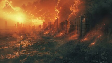 A city is destroyed by a massive flood, with the sun setting in the background. The sky is orange and the water is dark. Scene is one of destruction and despair