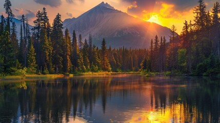 Panorama of  lake in the mountains with a forest at sunset