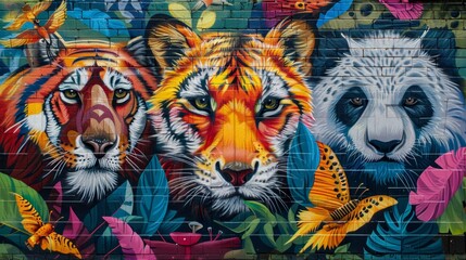 Three tiger faces are painted on a wall with a panda face in the middle. The wall is decorated with leaves and flowers