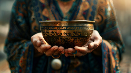 In the hands of a woman, there lies a Tibetan singing bowl