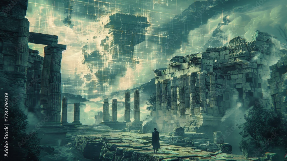 Poster a man is walking through a desolate landscape with ruins and a large structure in the background. th
