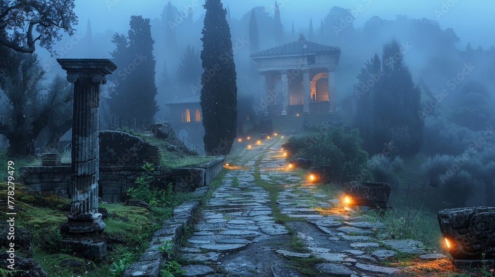 Aufkleber a path is lit by candles in a forest. the path is surrounded by trees and a building. scene is myste