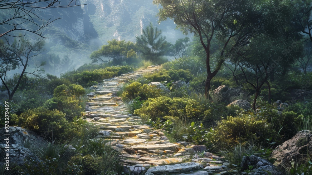 Aufkleber a path through a forest with a stone bridge. the path is surrounded by trees and bushes, and the sky