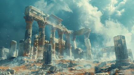 A desolate landscape with ruins of a temple and a cloudy sky. The ruins are in a state of decay, with some of the columns missing. The sky is overcast, adding to the sense of abandonment - obrazy, fototapety, plakaty