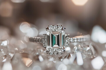 Emerald Cut diamond engagement ring, luxury jewelry, closeup