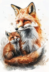 Fox with her cute little cub. Watercolor illustration of forest animal portrait on white background. Generative AI