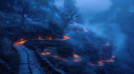 A mountain path is lit up with candles and lanterns. The scene is serene and peaceful, with the blue sky and misty atmosphere adding to the calming effect. The candles and lanterns create a warm