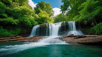 Fototapeta na wymiar A vibrant summer background with a cascading waterfall