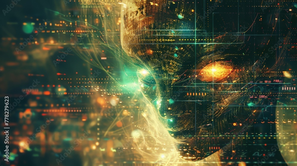 Poster a computer generated face with a glowing eye and a green background. the image has a futuristic and 