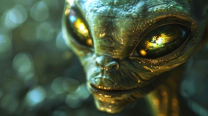 A green alien with yellow eyes stares at the camera. The alien has a metallic appearance and is surrounded by a blurry background. The image has a futuristic and otherworldly feel to it - obrazy, fototapety, plakaty