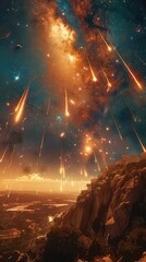 scattered meteors strike over a hill, beautiful and breathtaking, epic scenery,  illustration made with Generative Ai