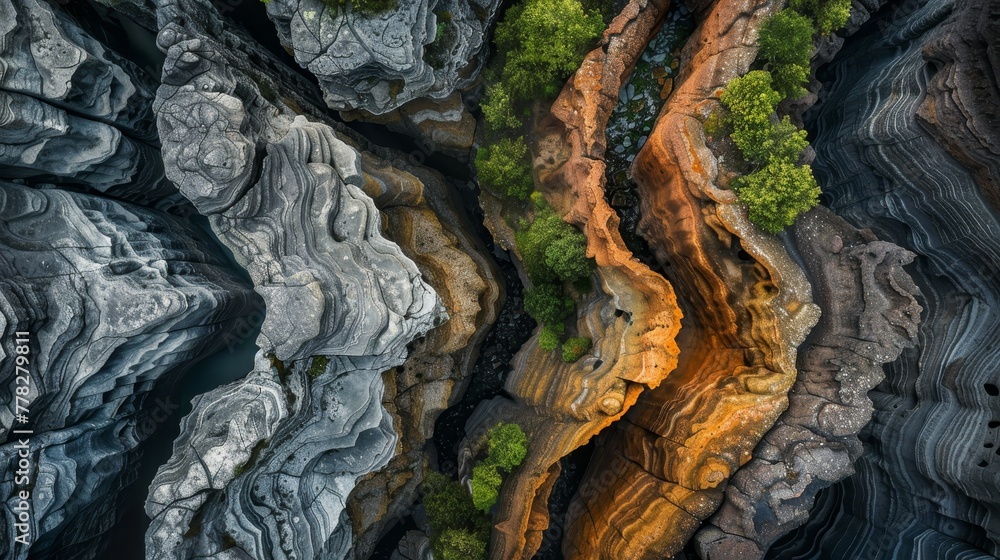 Poster a rocky cliff with a river running through it. the cliff is made of different colored rocks and has 