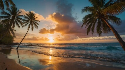 A vibrant sun setting over a sandy beach