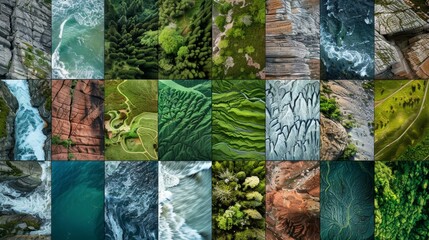 A collage of different landscapes, including a beach, a forest, and a rocky shore. Scene is one of natural beauty and diversity